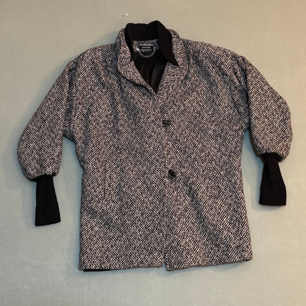Vintage Karizma East Herringbone Wool Blend Coat Ribbed Cuffs Black White ILGWU